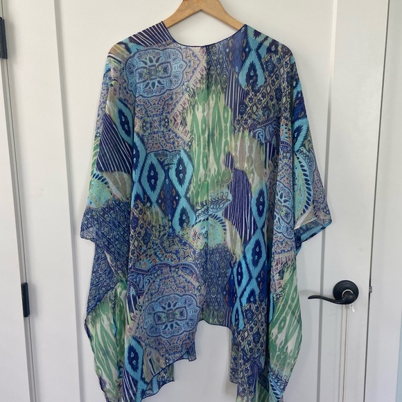Chico’s Blue Green Ikat Sheer Kimono Open Front Top Small/Medium - Picture 4 of 5